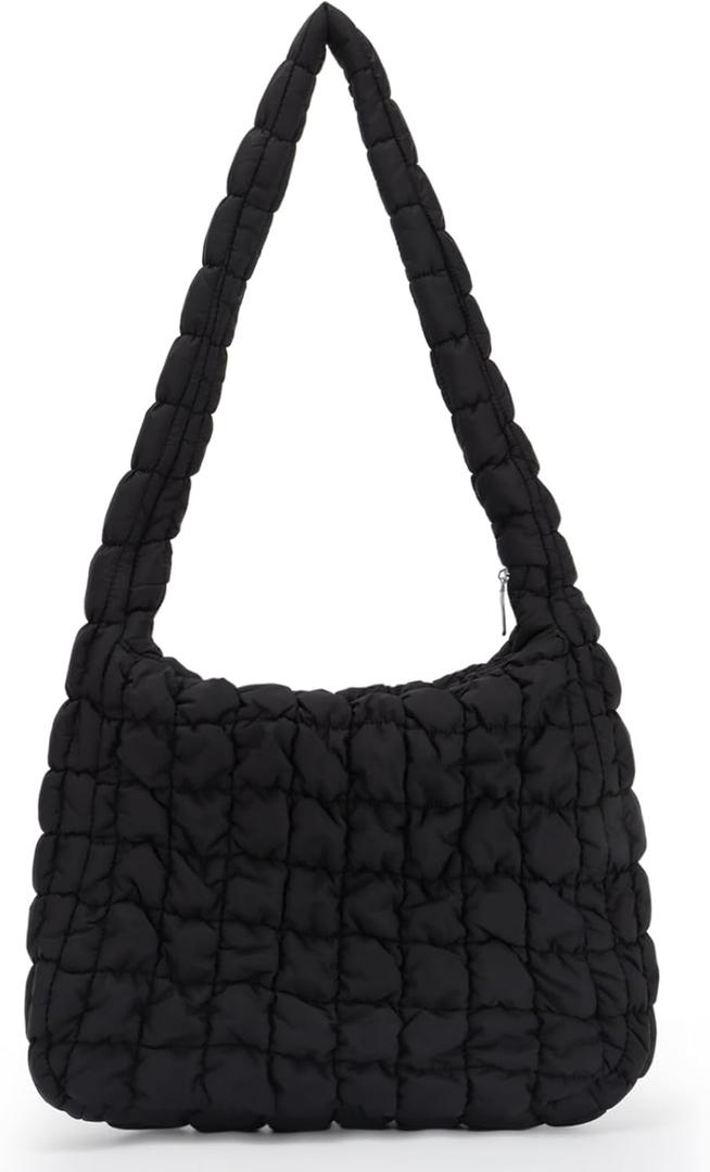 GOKTOW Puffer Quilted Carryall Bag,Quilted Shoulder Bag,Puffy Tote Bag Purse,Large Nylon Hobo Handbag (Black)