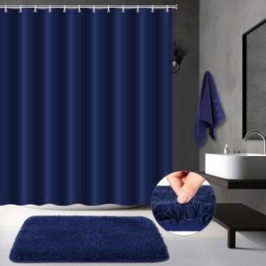 3 Pcs Bathroom Curtain Sets with Shower Rug and Towel Waterproof Shower Curtain Non Slip Bathroom Rug Bath Mat Soft Hand Towel with 12 Hooks for Hotel Decor(Navy Blue)