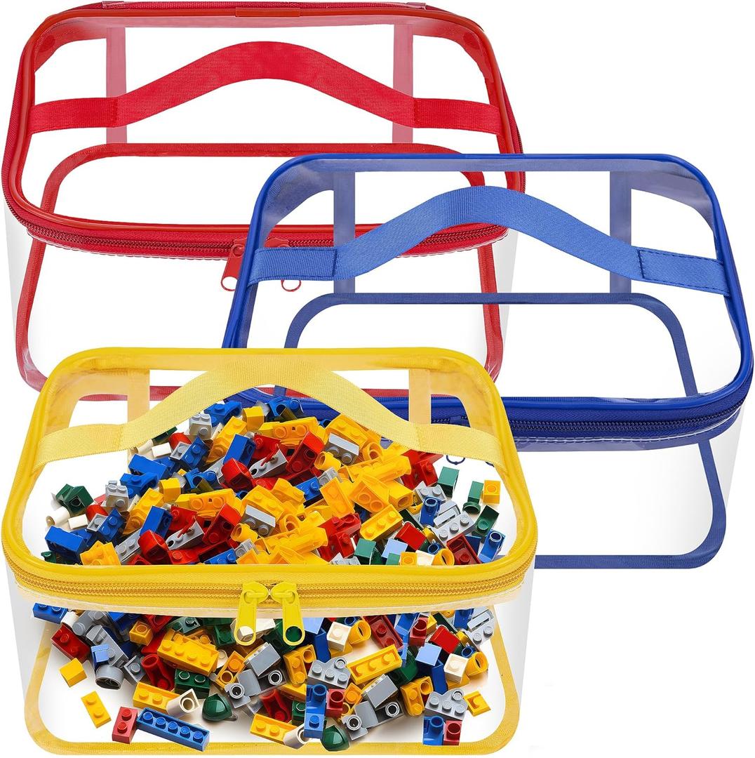 3 Packs Clear Toy Storage Bags- 9.4 x 6.7 x 4.3 Inch Transparent PVC Toy Organizing Bags with Zipper- Waterproof Toy Storage Organizer Pouch for Building Blocks, Small Toys (Red, Blue, Yellow)