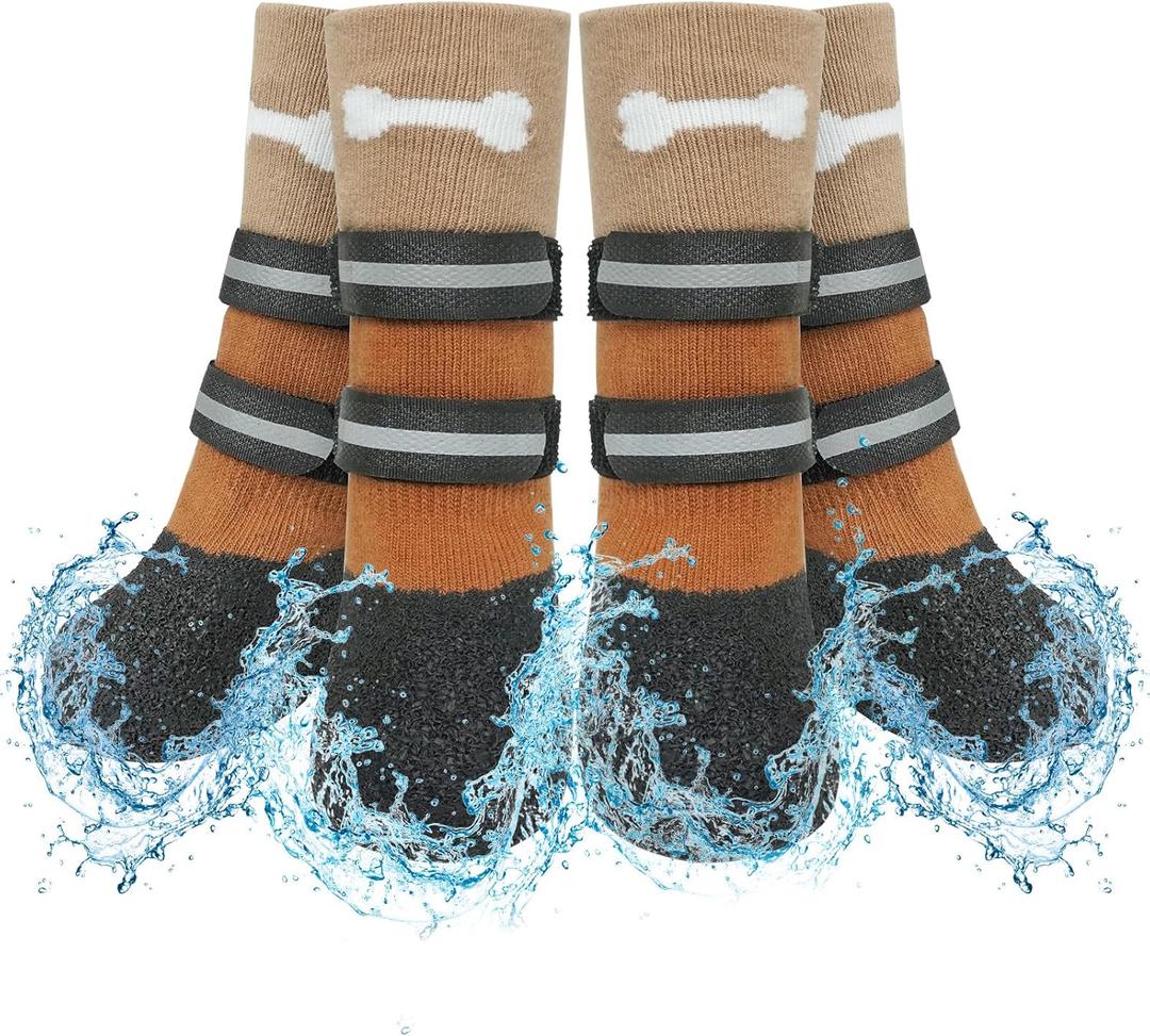 SCENEREAL Anti Slip Dog Socks Boots, Dog Shoes for Hot/Cold Pavement, Waterproof Grip Doggy Booties for Hardwood Floor, Rain Paw Protectors for Small Medium Large Senior Old Dogs, Khaki S (Khaki(Pack of 4+2))