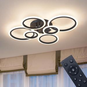 Shine LUEST 6 Rings Black Modern LED Ceiling Light Fixture, Flush Mount Ceiling Light with Remote Dimmable Brightness, Adjustable 3000-6000K Color Temperature, Timer for Living Room, Bedroom, Medium