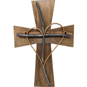 BestGiftEver Wooden Wall Cross With Heart-Shaped Metal Accent - Decorative Wall Cross For Christian Wall Decor And Religious Art Collectors - Rustic Wood Cross Spiritual Wall Decor