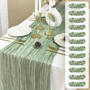 FEXIA 12 Pack Sage Green Table Runner 35x120 Inches for Baby Shower Decoration Gauze Rustic Boho Table Runner for Wedding Party First Communion Centerpiece Engagement Bridal Shower Boho Decoration