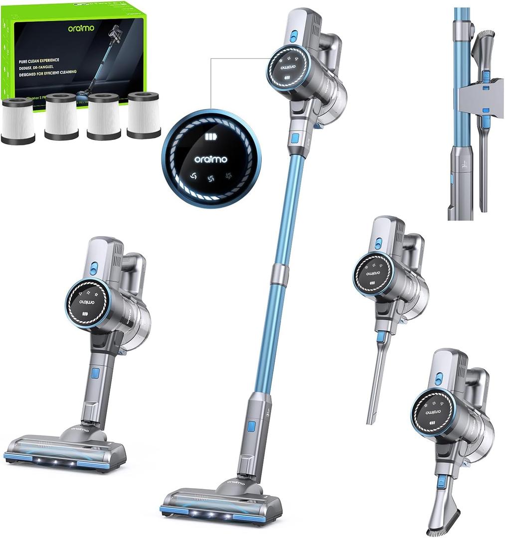 Oraimo Cordless Vacuum Cleaner, 45 Mins Max Runtime, Stick Vacuum 270W/ 24Kpa, LED Display with Battery Indicator, 3 Power Suction, Self-Standing, Anti-entangle Floor Brush (Grey)