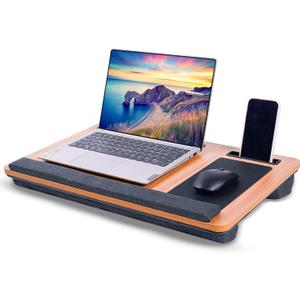 Laptop Tray  Home Office Lap Desk with Built-in Mouse Pad, Wrist Rest & Phone Holder, Portable Laptop Stand with Cushion, Tablet Slot & Carry Handle, Ideal for Bed & Workspaces (Walnut)