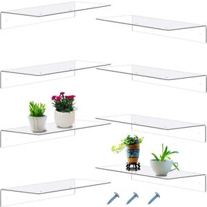 Blulu 8 Pcs Acrylic Floating Shelf, Invisible Wall Mounted Shelf for Book Plants Picture Makeup Record Display in Living Room, Bathroom, Bedroom, Kitchen, Office(14 x 5 x 2 Inches,Clear)