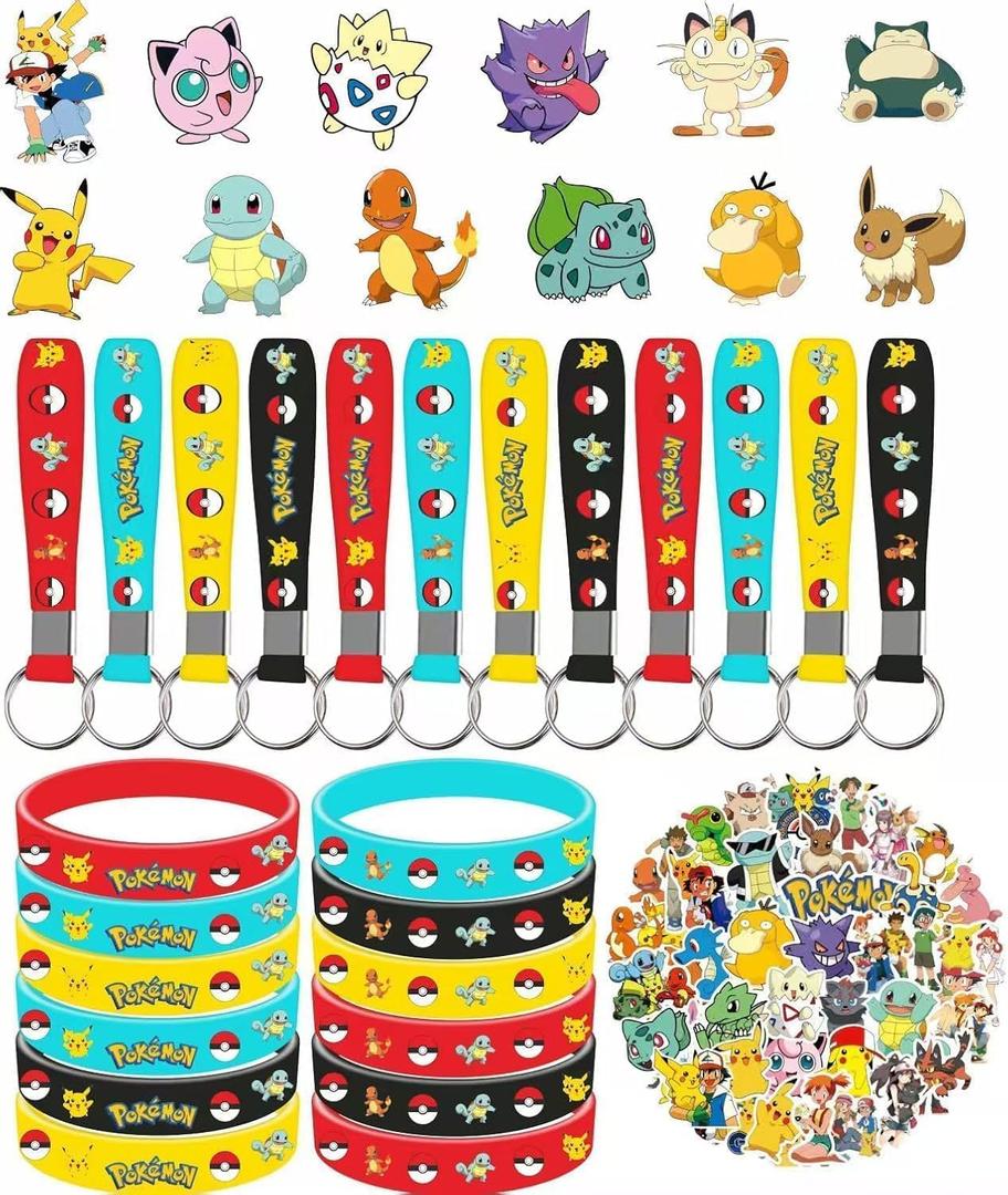 86PCS For Cute P.o.kemon Birthday Party decorations Set Included 12 Bracelets, 12 Acrylic Pins, 12 Keychains, 50 Stickers, for Boys and Girls Cartoon Theme Party