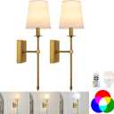 TERLEENART Rechargeable Battery Operated Wall Sconces Set of 2 with Remote Control,No Wiring 15 Colors Dimmable Wall Light with White Fabric Shade,Wireless Wall Lamps for Bedroom Living Room Hallway