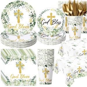 Yungyan 194 Pcs Baptism Plates and Napkins Tablecloth Cups serves 24 Baptism Decorations Green Cross Disposable Holy Communion Set for Wedding Newborn Religious First Holy Communion Party Supplies