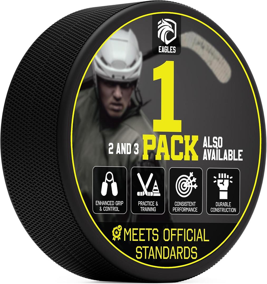 EAGLES Ice Hockey Pucks 1, 2, 3, 6 or 50 Pack | High Grade Pucks Official Regulation Weight & Size for Practice & Classic Training - 6 oz Diameter 3" Thickness 1" Black Hockey Puck Roller Hockey