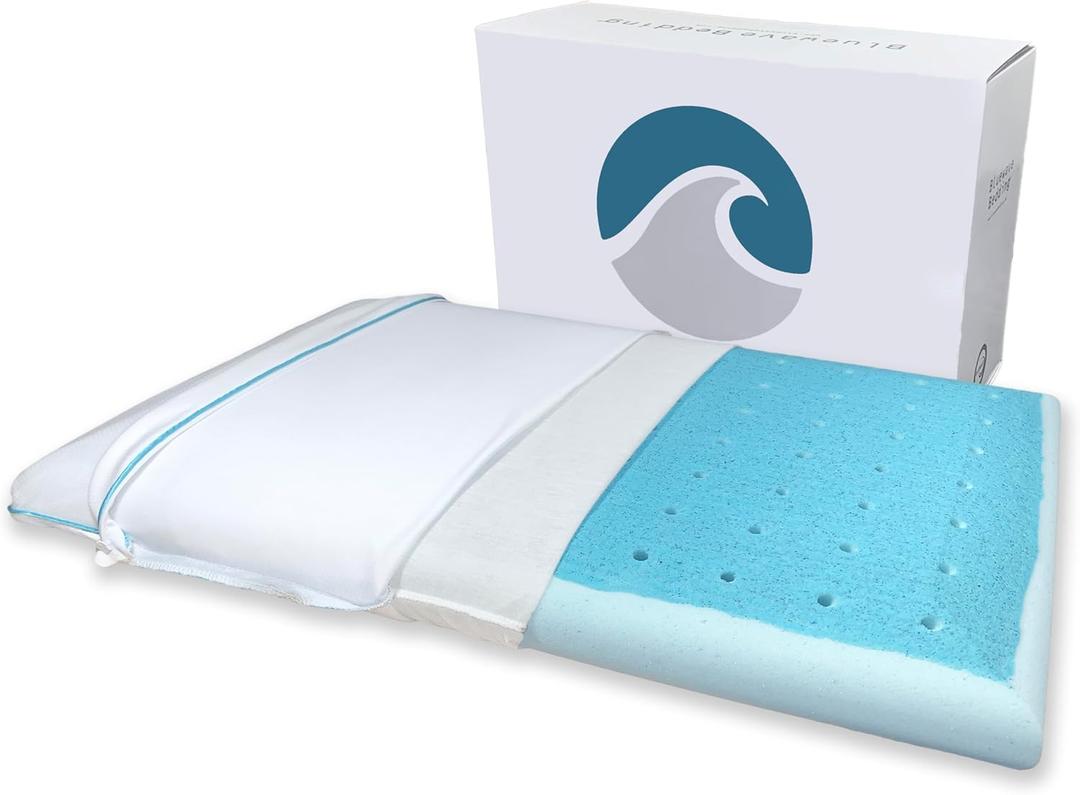 Bluewave Bedding Ultra Slim Max Cool CarbonBlue Gel Memory Foam Pillow for Stomach and Back Sleepers - Thin, Flat Design with Advanced Cooling (2.75-Inch Height, Standard Size)