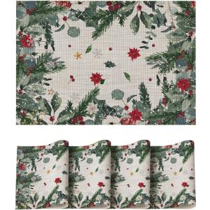 Artoid Mode Green Leaves Poinsettia Holly Christmas Vinyl Winter Placemats Set of 4, 12x18 Inch Washable Plastic Non-Slip Woven Winter Table Mats for Dining Decor