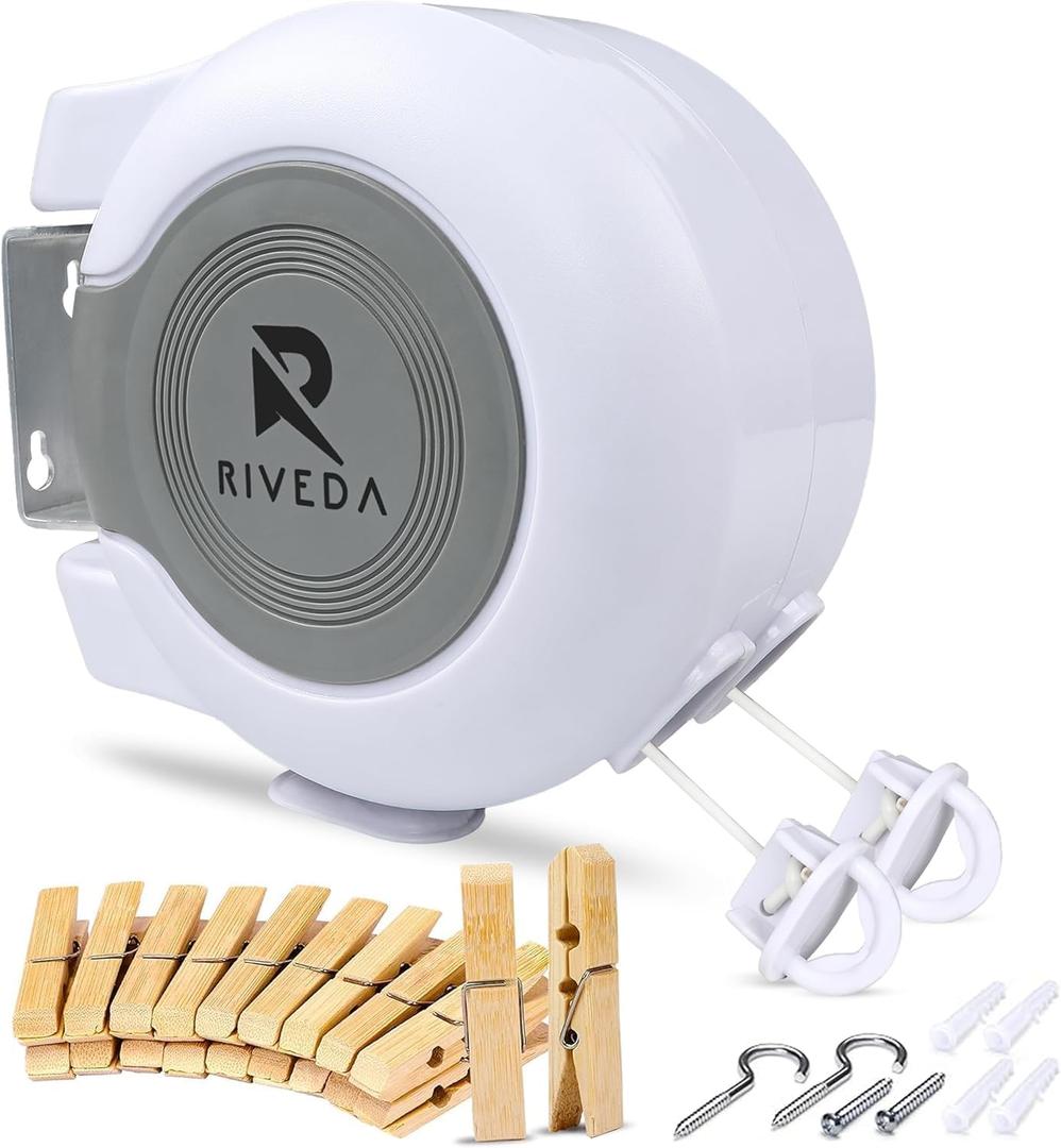 RIVEDA Dual Retractable Clothesline 49 ft Each Line with 24 Clothes Pins - Heavy Duty Clothes Line Indoor & Outdoor Laundry Line -Double Clothing line - Easy Installation (White)