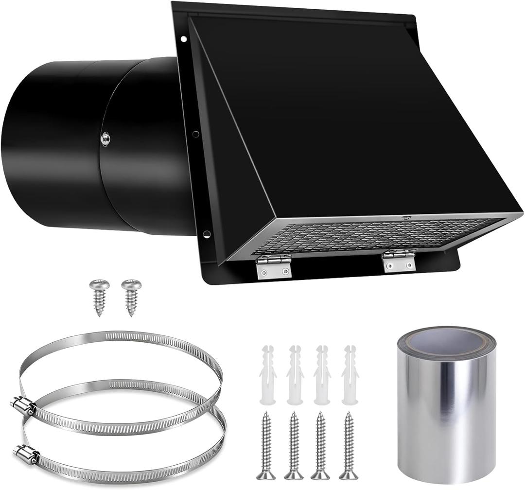 6 Inch Wall Vent Cover with Hood, Screen, Damper, Galvanized Steel Dryer Vent Cover for Outdoor Kitchen and Range Hood Ventilation, Outside Exhaust Vent for Home, Black