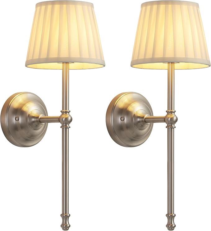 KDG Cordless Wall Sconces Set of 2, Small Wireless 5200mAh Rechargeable Battery Fabric LED Wall Lamps, Portables Lightings for Wall Painting, Living Room, Bedroom, Hallway, Gifts, Night Light (Nickel)