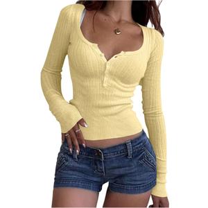 GORGLITTER Women's Lightweight Cropped Sweater Button Up Long Sleeve Scoop Neck Slim Knit Fall Trendy Pullover Tops (Yellow, M)