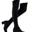 Shoe'N Tale Women Stretch Suede Chunky Heel Thigh High Over The Knee Boots(6.5, Black-Mid Heel)