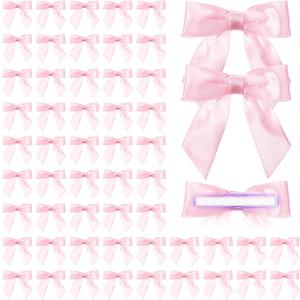 Daifunli 60 Pcs Coquette Bow, Pink Bow Birthday Party Decor, 3 x 3 Inches Pink Gift Wrap Bows Satin Ribbon Bows Self Adhesive Bowknot for Birthday Gift Wrapping Double Sided Tape
