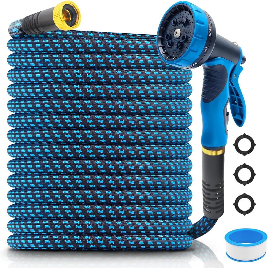 Garden Hose 50ft, Non-Expanding Water Hose Ultra Lightweight, Kink-Free Flexible Hose with 10-Pattern Nozzle, Durable & Abrasion Resistant Outdoor Hose for Yard, Lawn, Marine, RV, and Car Wash