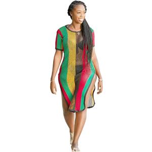Clossy London Rasta Multicolour Work Dress Side Slit Ladies String mesh Fishnet Midi L/XL