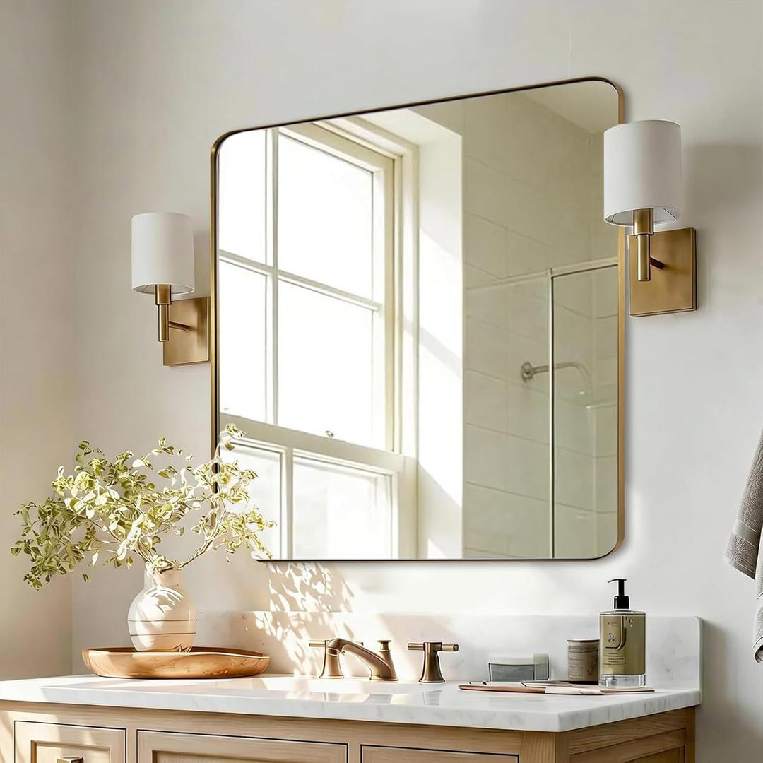 ANDY STAR Gold Bathroom Mirrors for Over Sink, 30x30 InchBrushed Gold Wall Mirror, Rectangular Metal Framed Vanity Mirror -Modern Clean Design with Superior Stainless Steel Frame