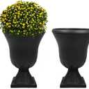 Worth Garden 2-Pack Plastic Urn Planters for Outdoor Plants, 22'' Black Tall Round Classic Resin Traditional Flower Pots - 15 in. Dia. Large Imitation Stone Decorative Pot Patio Deck Front Porch