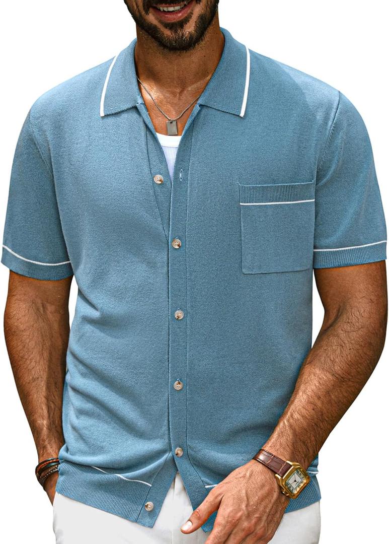PJ PAUL JONES Mens Knit Polo Shirt Short Sleeve Soft Button Down Shirts Summer Beach Top M