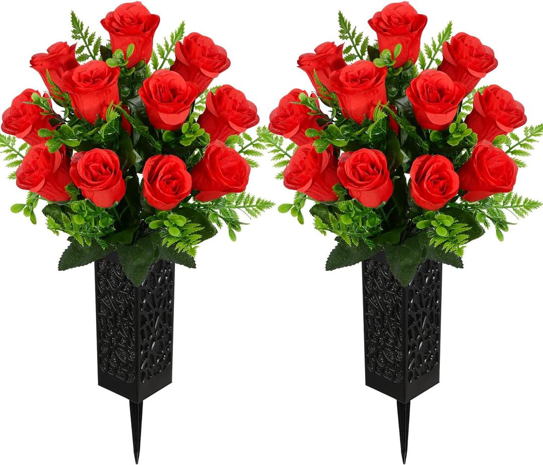 Artificial Cemetery Flowers, Grave Memorial Flowers, Set of 2 Artificial Rose Bouquet with Vase for Cemetery Headstones Gravesites Decoration (Red)