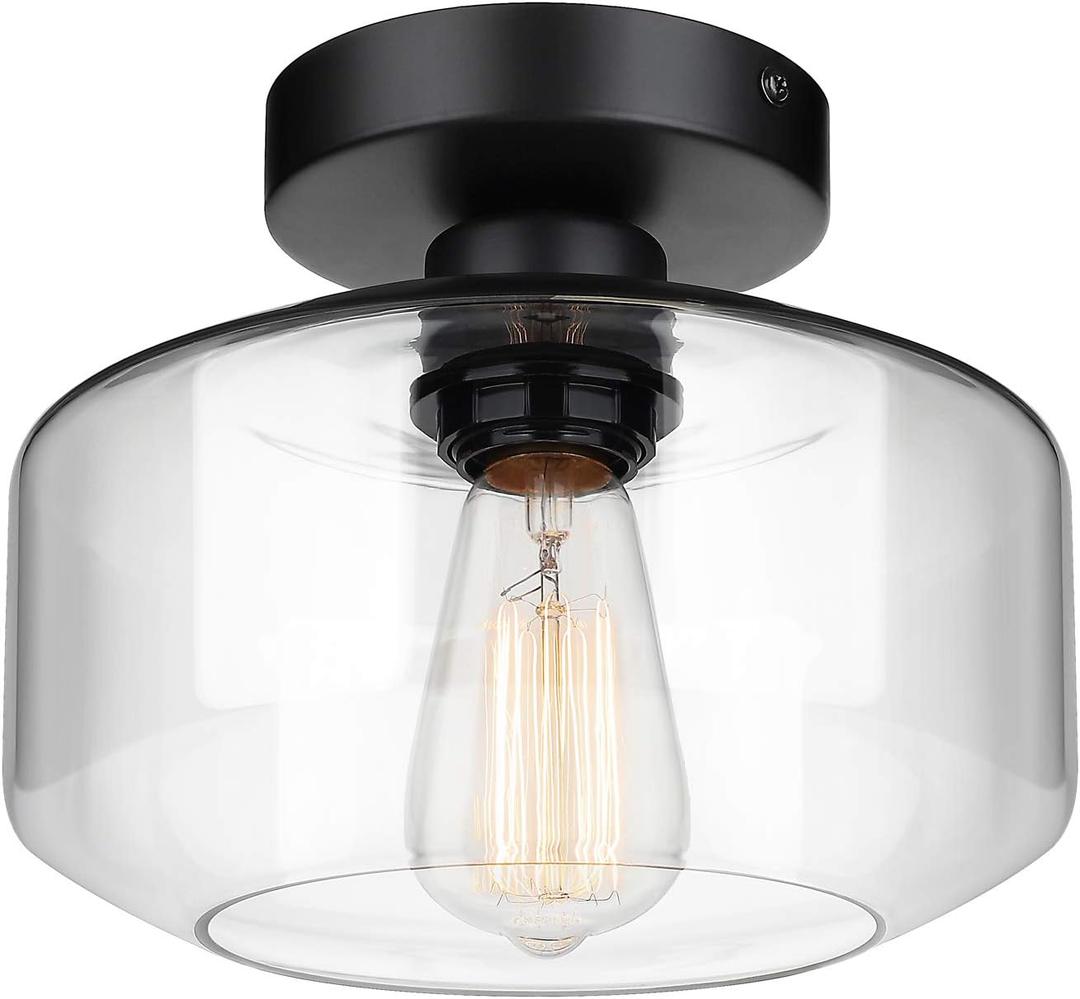 MAXvolador Industrial Semi Flush Mount Ceiling Light, Clear Glass Pendant Lamp Shade, Farmhouse Lighting for Hallway, Vintage Hanging Light Fixtures (Large, Black)