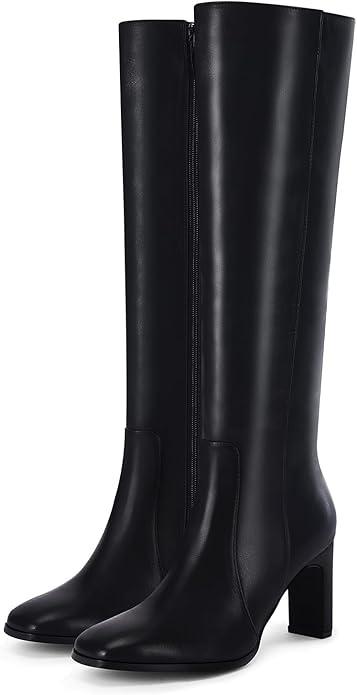Coutgo Womens Square Toe Knee High Boots Leather Chunky Heel Fashion Dressy Winter Shoes with Side Zipper (7, Black)