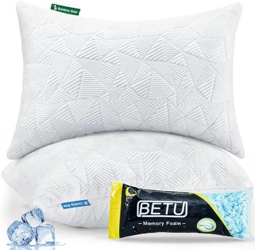 BETU Cooling Pillows Standard Size Shredded Memory Foam Cool Pillows for Hot Sleepers, Adjustable Firm Soft Support Bed Pillows Perfect for Back Neck Pain and Side Sleeping, White, 1 Pack