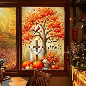Fall Window Privacy Film24x36 Inch PVC Fall for Jesus Glass Sticker with Pumpkins Cross Red Cardinal Maple Tree Scene Static Thanksgiving Window Decal for Glass Door or Wall