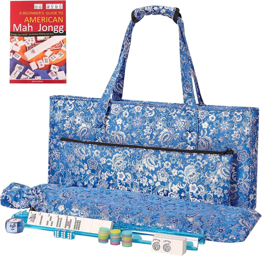 American Mahjong Game Set, 166 White Tiles, Dark Blue Bag with Entire Accessories, 4 All-in-One Rack/Pushers, Mahjong Tiles Set