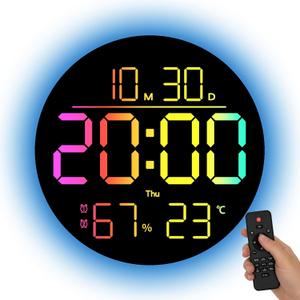 JENLYSTIME 10 Inch LED Digital Wall Clock with RGB Backlight and Countdown Timer11 Colors, Dual Alarm, Adjustable Brightness, Temperature & Humidity Display, Modern Silent Clock for Home, Office