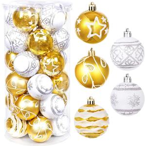 2.36" Christmas Balls Ornaments Set, 30ct Shatterproof Hanging Decorations for Xmas Trees, Holiday Party Decor (Gold White)