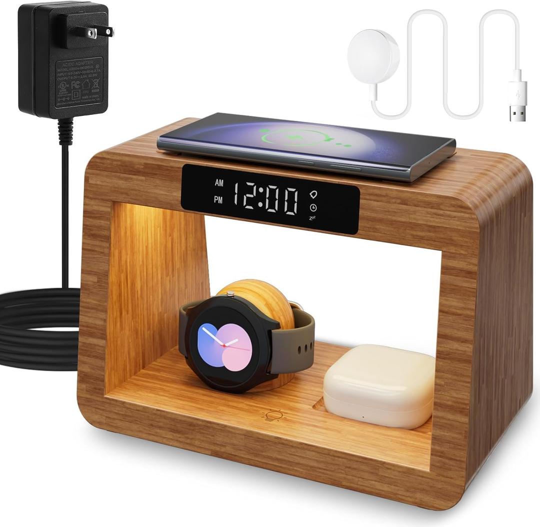 Bamboo Wireless Charging Station, 5 in 1 Charging Station with Light & Clock for Samsung & Android Phone, Wireless Phone Charger Station Only for Samsung Watch