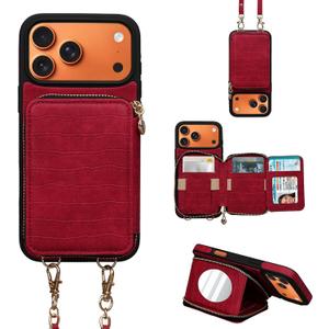 Case for iPhone 17 Pro Max Case Wallet with Mirror, Crossbody Zippered Purse with RFID Blocking 8 Card Holder, Flip Cover Kickstand Wrist Strap Lanyard for Women - 6.9 inch (Red)