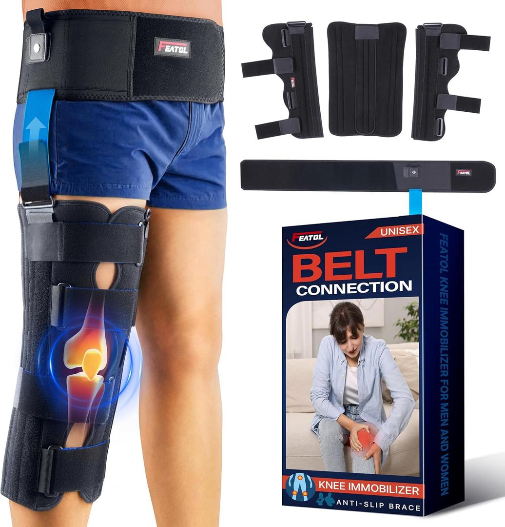 FEATOL Anti-Slip Knee Immobilizer with Waist Belt, Knee Brace for Pain Relife 2.5'' Thick, Adjustable Stabilizer for Men and Women ACL, PCL, Post-Surgery, Injury Recovery, Medium (Medium)