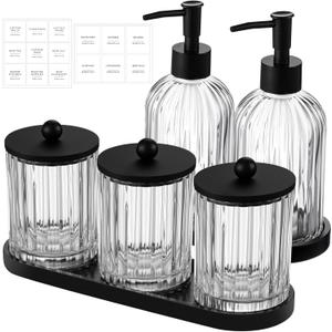 Yaomiao 5 Pack Bathroom Accessories Set, Modern Bathroom Decor Sets, Glass Liquid Soap Dispenser, Vanity Tray, Toothbrush Holder, Cotton Swab Jars with Lids for Sink Countertop(Clear,Striped)