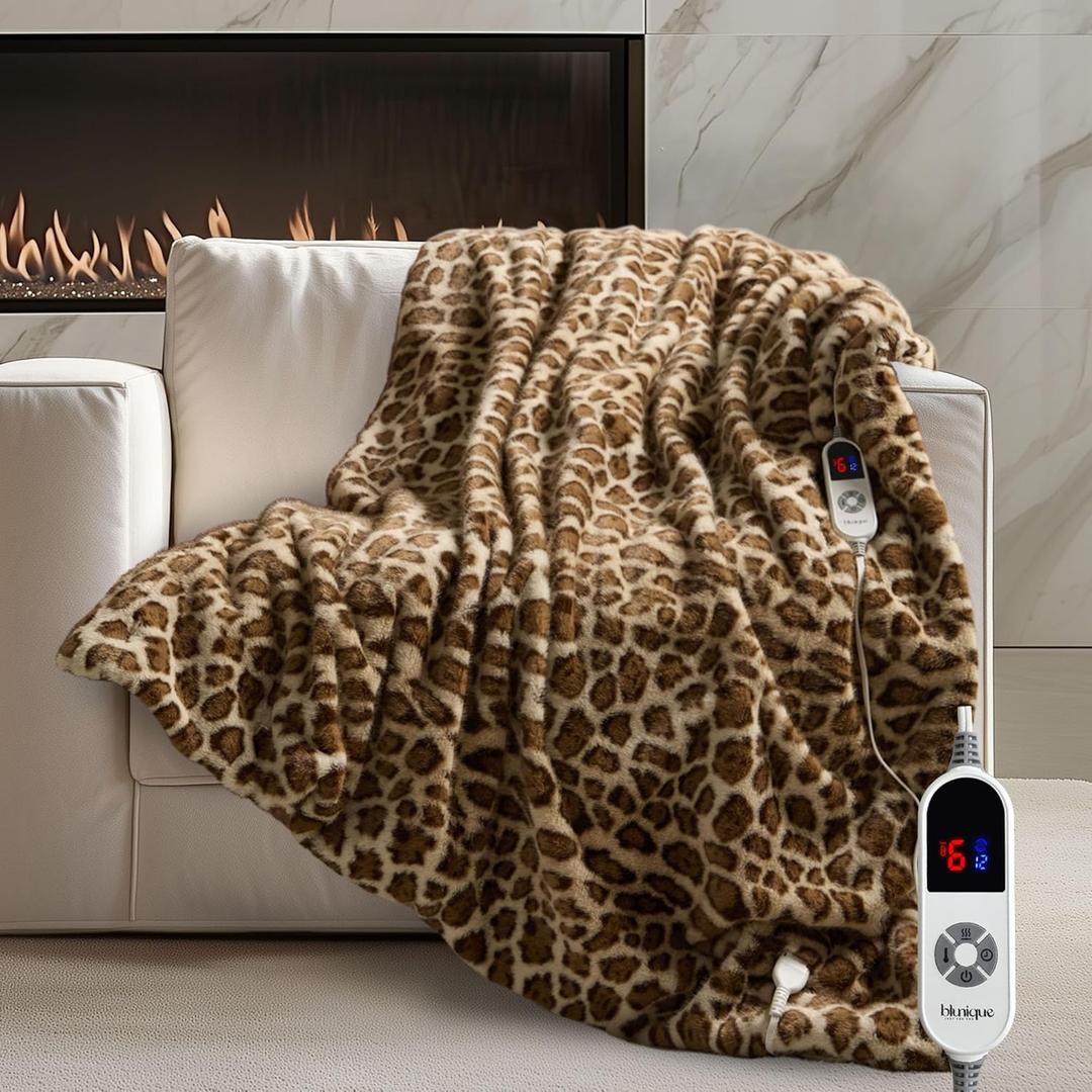 Luxury Faux Fur Heated Blanket Electric Throw - Leopard Print Ultra Soft Thick Warm Heated Blanket, 6 Heating Levels & 12 Hours Auto-Off, ETL Certified, Washable, Luxurious Gifts, 50'' x 60''