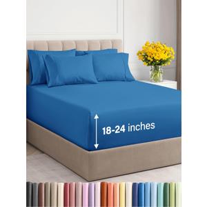 Extra Deep Cal King Sheet Set - 6 Piece Breathable & Cooling Sheets - Hotel Luxury Bedding Set w/18-24 Inch Extra Deep Pockets - Easy Fit - Super Soft, Wrinkle Free & Comfy - Royal Blue, Cal King Size