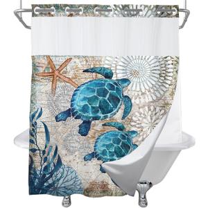 Green and Teal Sea Turtles Theme No Hook Waffle Weave Shower Curtain with Snap in Liner Nautical Beach Bathroom Blue Ocean Decor Set 72 W x 74 H Inch Teal