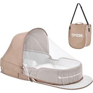 omzer Baby Travel Bassinet Portable - Foldable Carry Bag Bassinet Anti-Pressure Baby Co-Sleeping Bed Lightweight Infant Travel Bed with 2-1 Mosquito & Canopy Beige