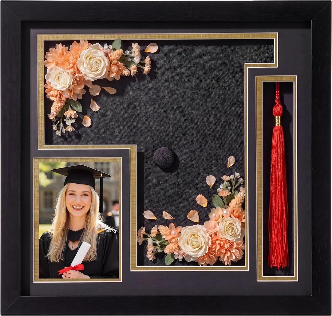 Sliner 2026 Graduation Shadow Box Frame 12.5 x 13 Inch Display Case with Acrylic Window for 3 x 5 Photo Grad Cap Tassel Wood Graduation Cap Frame for 2026 Graduates Tabletop Wall Display Party Gift