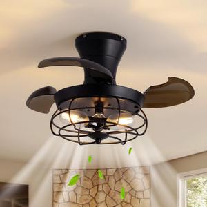 CROSSIO 22" Retractable Ceiling Fans with Lights, Black Caged Fandelier Ceiling Fans with Remote, 6 Wind Speeds,Invisible Blades, Industrial Flush Mount Small Ceiling Fan for Bedroom Living Room