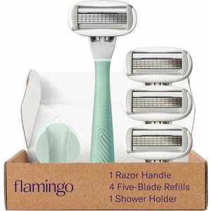 Flamingo Razors for Women, 1 Women's Razor Handle (Sage), 4 Razor Five-Blade Refills, and 1 Shower Holder