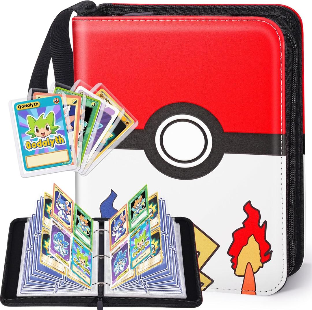 Card Binder  4 Pocket Zipper Collection Album, Premium PU Holder, Double-Sided Display for 400 Cards, Includes 5 Hard Plastic Sleeves for Game Cards, Sports CardsCartoon Stickers