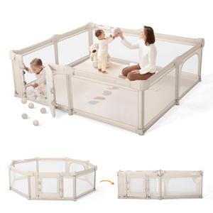 Sweeby Foldable Baby Playpen, 79x71 Playpens for Babies and Toddlers Large Play Yard with Door Baby Fence with Gate and Indoor & Outdoor Play Pen, Light Khaki