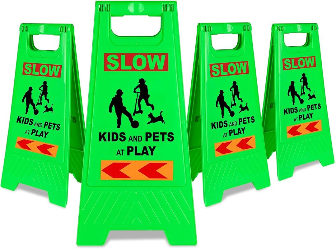 XPCARE 24 Inches Kids Playing Sign for Street, 4PACK Green Children at Play Safety Sign with Reflective Tapes,Caution Slow Down for Street,Kids and Pets at Play Warning Sign