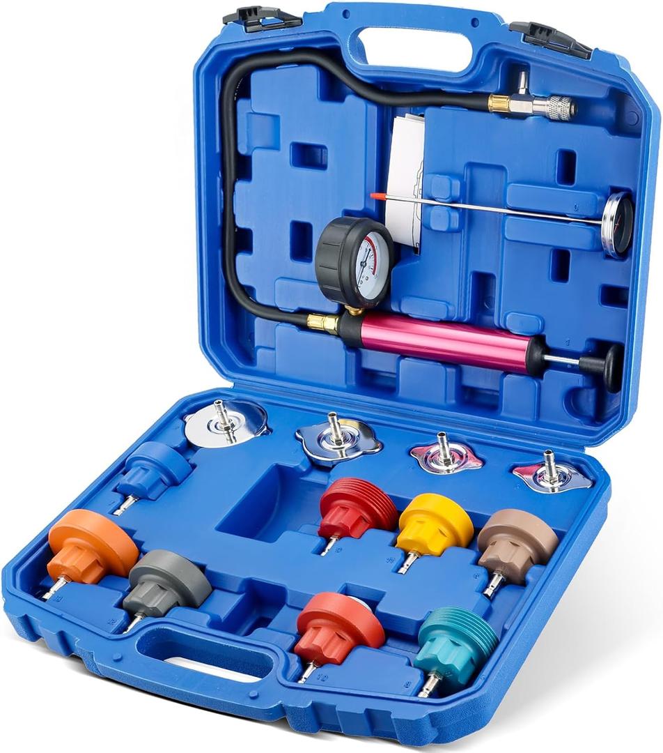 14PCS Radiator Pressure Leakage Tester Tool Kit | Universal Coolant System Pressure Tester Kit with Aluminum Hand Pump and Adapters for Trucks, Cars, Motorcycle